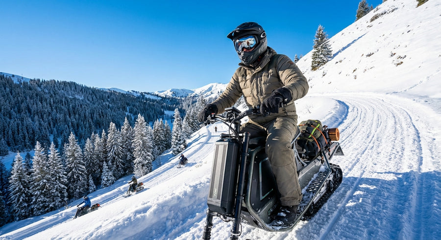 VelociTech Electric Snowmobile Off-Road Sled - lifestyle action photography